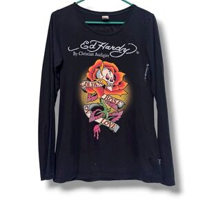 Vintage Ed Hardy Y2k Women's Christian Audigier Long sleeve T-shirt Sz Medium
